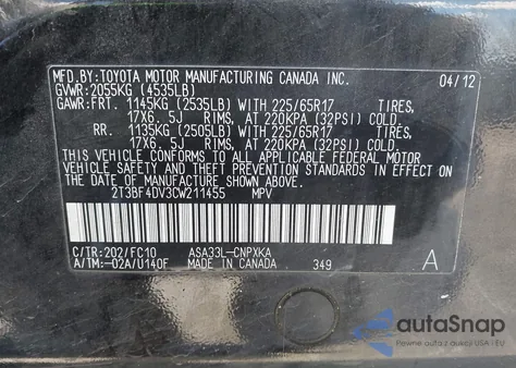 2012 Toyota Rav4 from USA, damaged, VIN 2T3BF4DV3CW211455